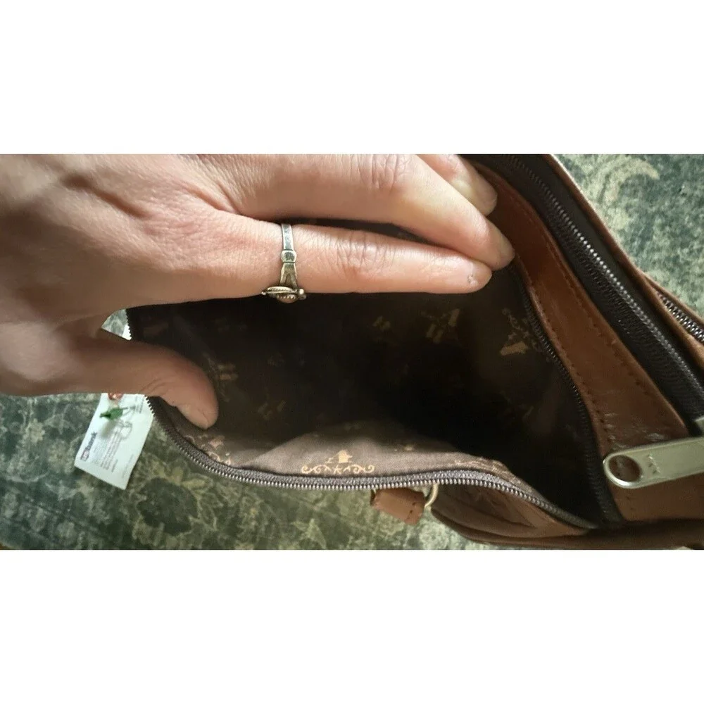 American West Vintage Hand Tooled Brown Leather Western Satchel Purse Multi Zip
